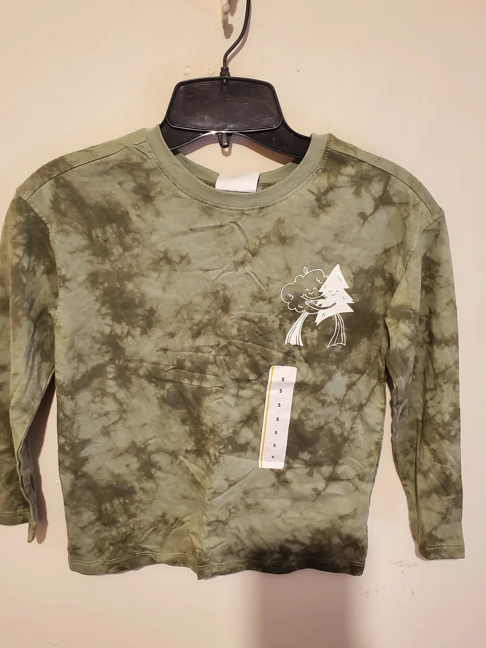 Kids Green Tie-Dye Long Sleeve Tee with Tree Graphic Size S
